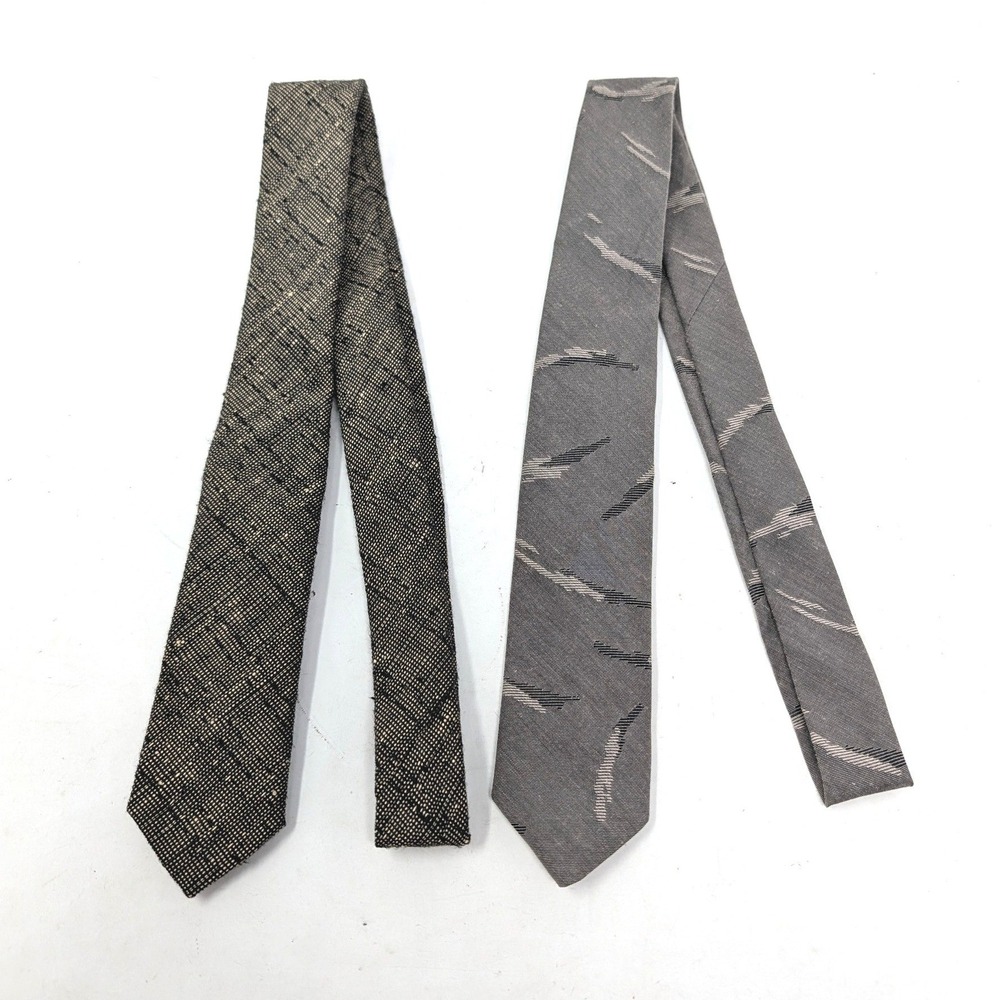 Vintage BBB NYC Mens Slim Necktie Set 2 Black Tan Grey Abstract Pattern USA Made